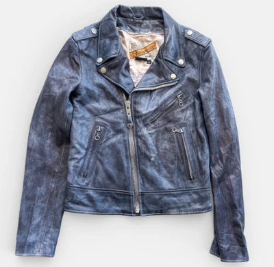 Chaqueta motera de cuero Schott Perfecto azul envejecida para mujer pequeña rara años 80 90 - Imagen 1 de 4