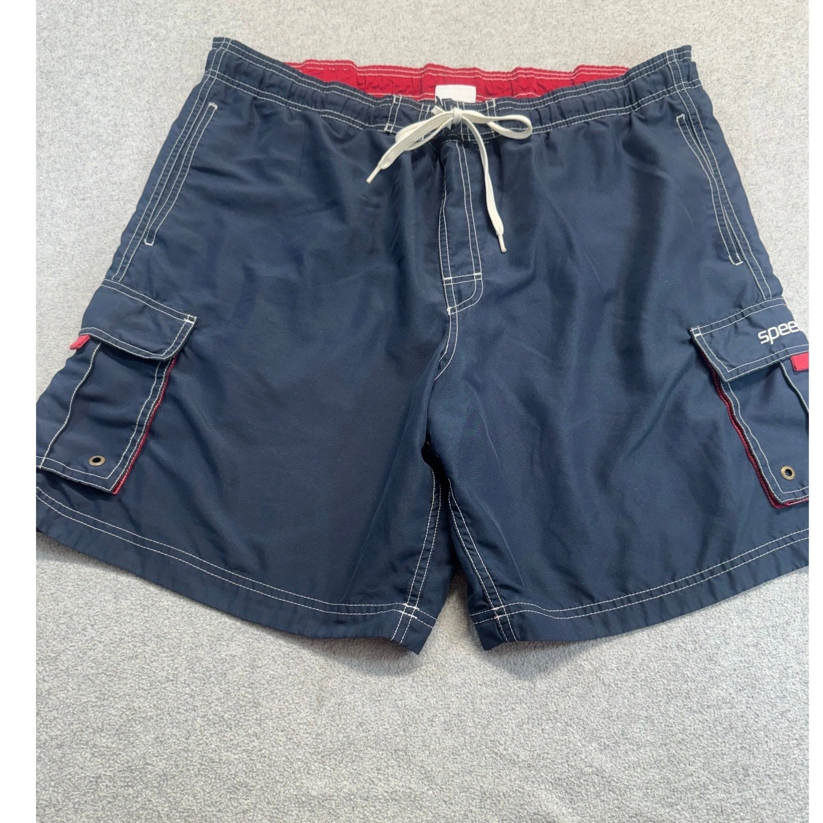 Speedo Cargo Swim Trunks Mens XL Navy Blue Red Trim Mesh Lined Board Shorts