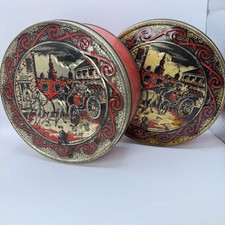2 Vtg Fruit Cake Tin Gold w/ Black  Red Horse Drawn Carriage 2 Size 2D Art