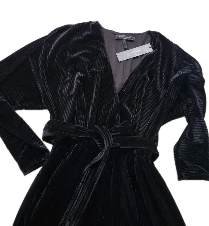 全新 BCBG MAXAZRIA 尺寸 M VELVET FAUX WRAP L/S 领带宽腿连体裤 — 第 2/4 张图片