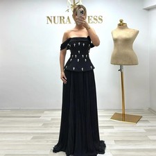 off the Shoulder Chiffon Beaded Floor Length Black A-Line Prom Wedding PartyGown