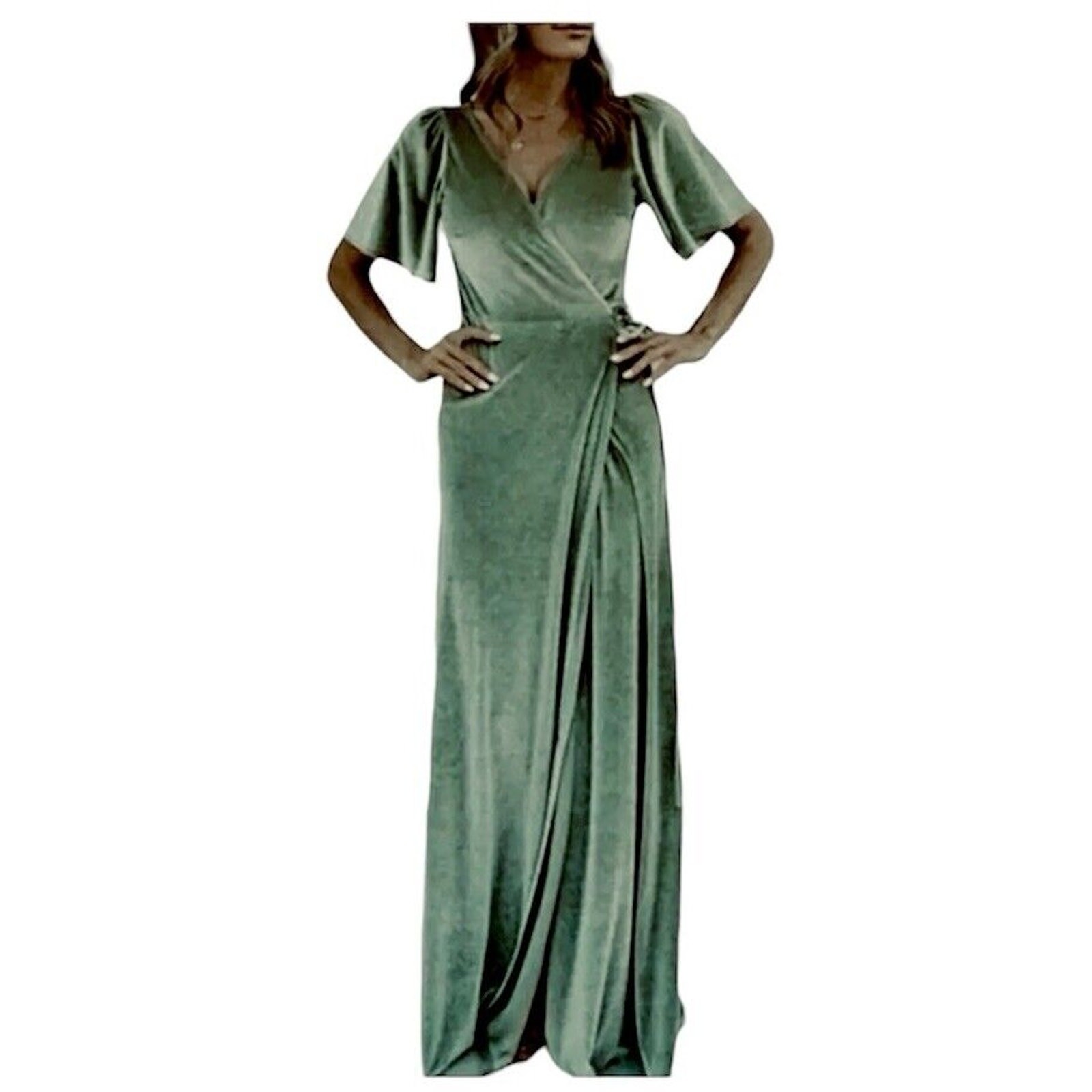 Baltic Born Light Sage Green Velour Short Flutter Sleeve Maxi Wrap Dress XS