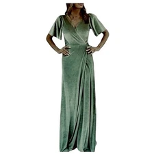 Baltic Born Light Sage Green Velour Short Flutter Sleeve Maxi Wrap Dress XS