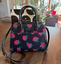 Kate Spade Madison Rose Toss Printed Medium Satchel KE536 Black Red Floral