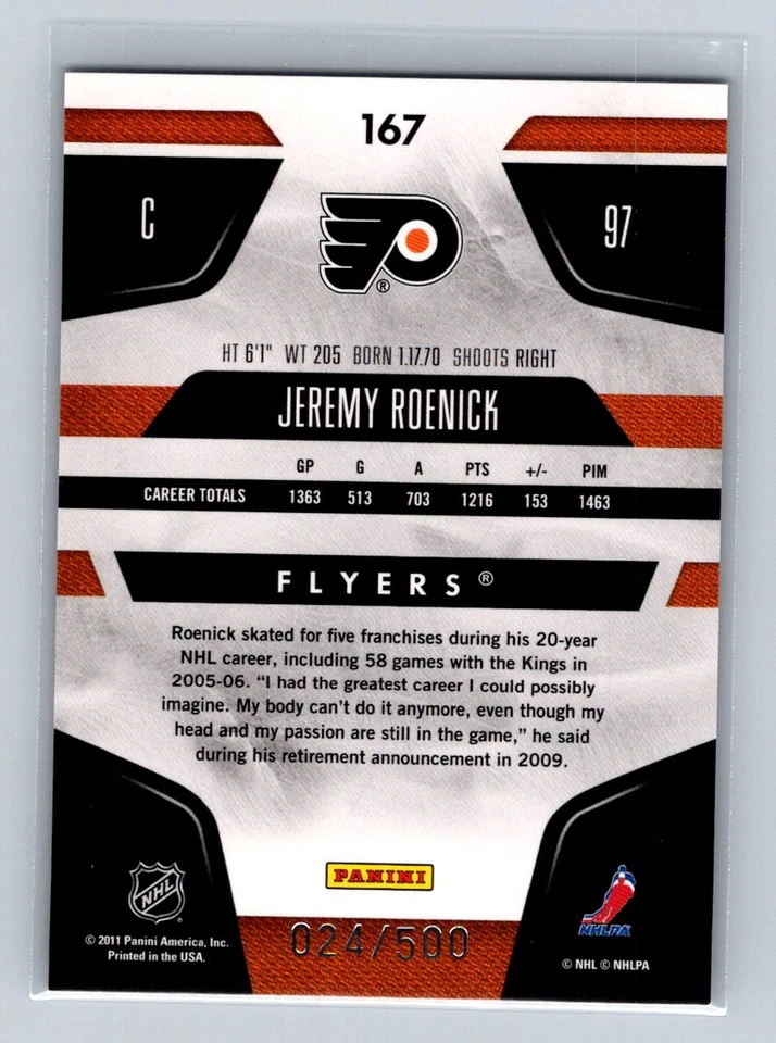 2011-12 Panini Certified #167 Jeremy Roenick /500 Philadelphia Flyers - Image 2 of 2