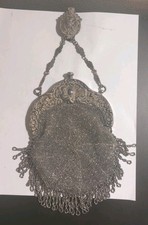 Antique German Silver Art Nouveau Silver Framed Metal Micro Bead Purse 1900s