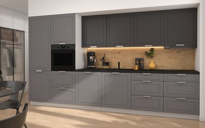 Küchenzeile KVANTUM 360cm weiß Fronten MDF dust grey grahpit matt REJS Vollauszu