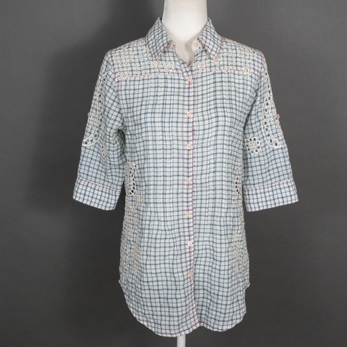 Johnny Was 3J Workshop Blue Plaid Lace Detailing Collared Button Up Blouse SZ S