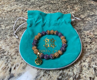   NEW! Rustic Cuff Bracelet Stretch EMERSON Purple & Gold w/Gold Charm & Pouch