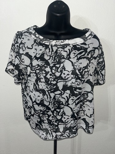 Chiffon By American Apparel Sheer Cat Print Blouse Women Small Black White