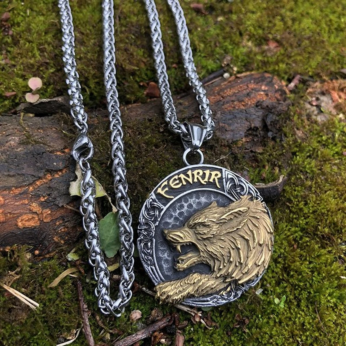 Fenrir Wolf Necklace Gold Silver Stainless Steel Helm of Awe Viking Pendant