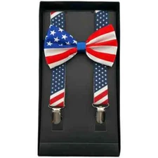 USA Flag Suspenders & Matching Bow Tie BOXED Set Wedding Prom Adjustable Patriot