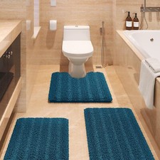 Striped Teal Blue Bathroom Rug Set 3 Pieces Ultra Soft, Non Slip Chenille Toilet