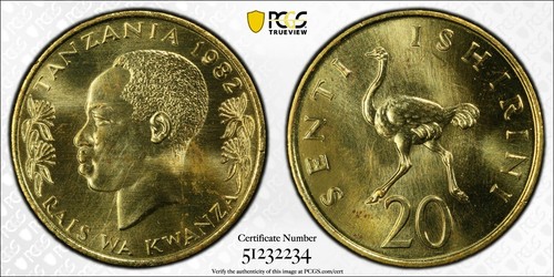 1982 Tanzania 20 Senti PCGS SP65 Kings Norton Mint Specimen