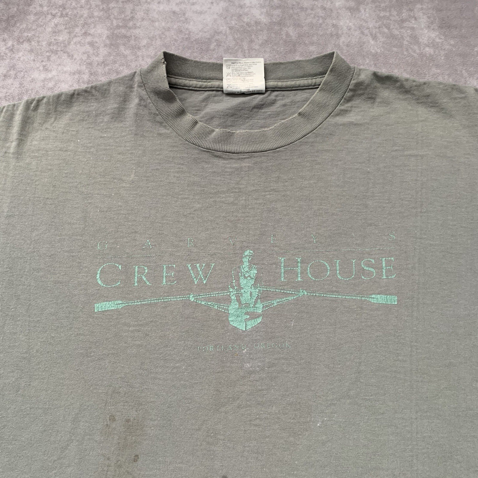 Camicia vintage anni '90 Garveys Crew Ho taglia L punto singolo Portland Oregon fila