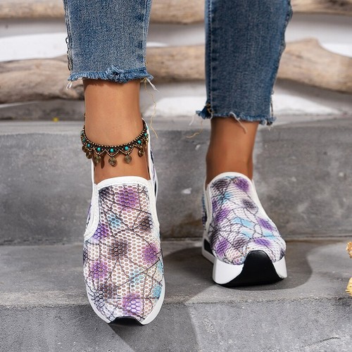 Women's Sneakers Floral Embroidery Mesh Sneakers Slip On Casual Comfy Heeled - Picture 21 of 53