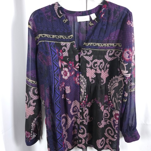Chico's 0 Womens 4 Purple Floral Flower Sheer Button Up Tunic Blouse Top