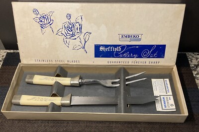 VTG Emdeko Sheffield Steak Knife Set Stainless Steel Blades White Handle Roses