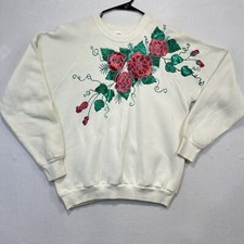 Vintage 90s Grandma Sweatshirt Large White Custom Roses Puff USA Made Granny