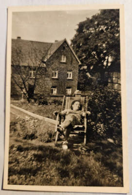 Woman Sunbathing in Recliner Chair in Front of Farm (9x6) Original Photo
