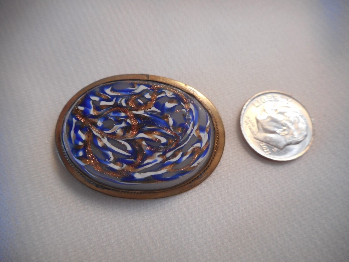 Broche Vintage Dorée Ovale - Marbre Blanc Et Bleu - Bon état - Fabriqué En France