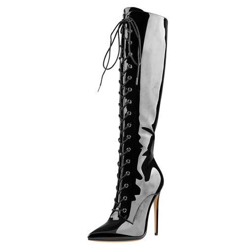 Onlymaker Damen Sexy Spitz zulaufend Schnürung Kniehoch Stiletto Absatz Reißverschluss Stiefel - Bild 35 von 73