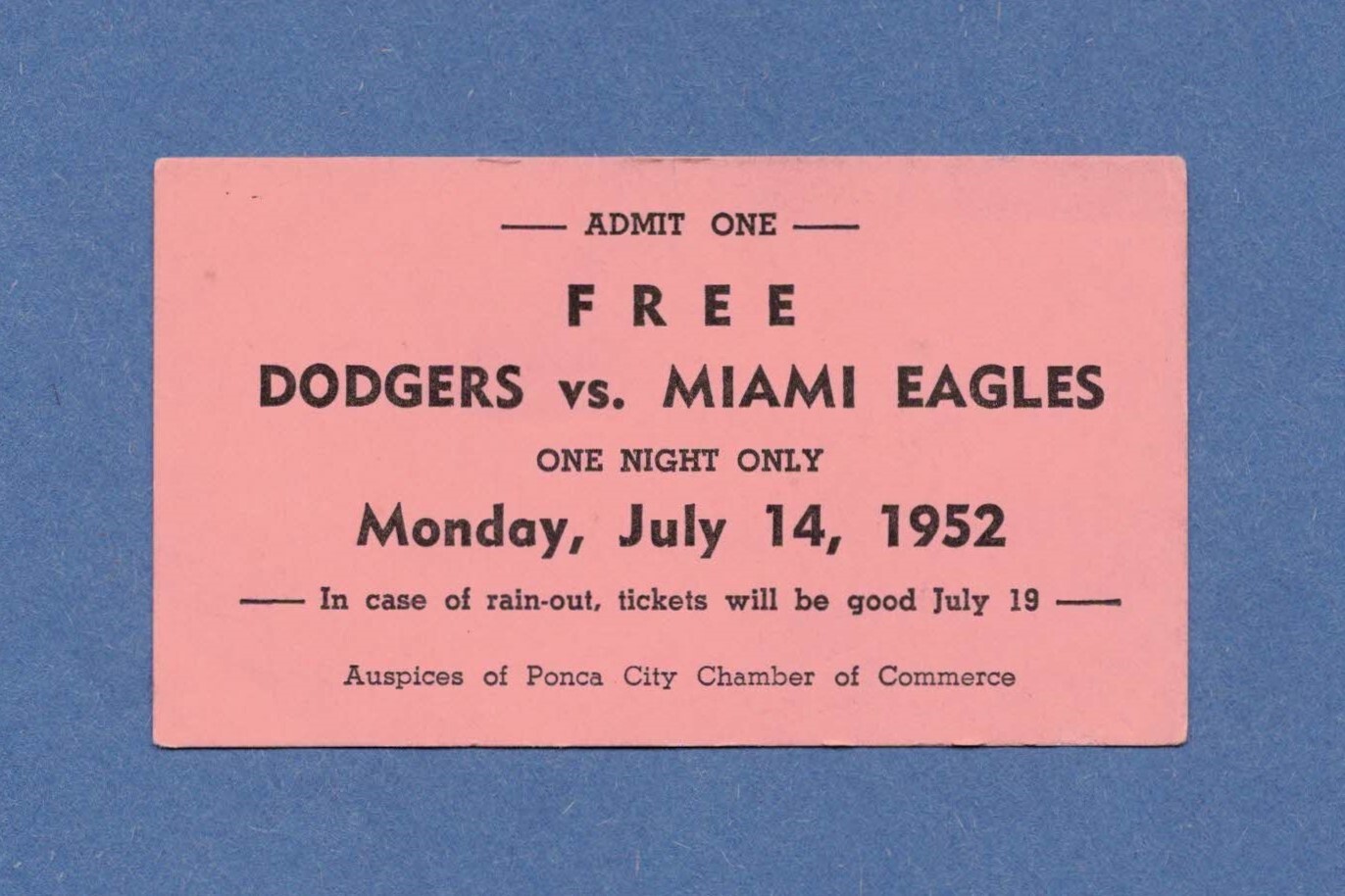 RARE 1952 Miami Eagles vs Ponca City Dodgers Ticket, Kansas Ok Missouri