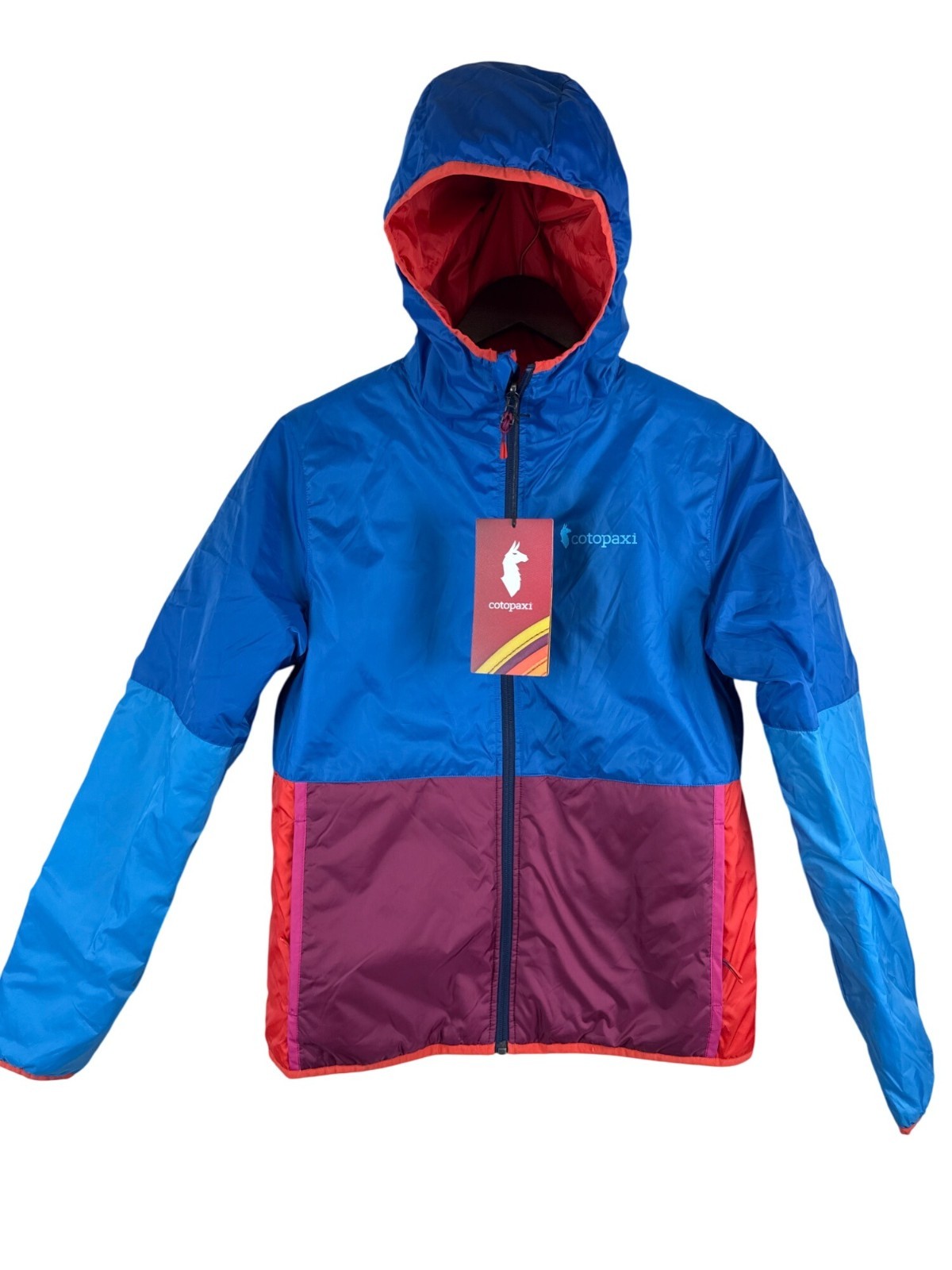 Chaqueta para mujer Cotpaxi reversible Teca Calido con capucha azul rojo empaquetable XS NUEVA CON ETIQUETAS