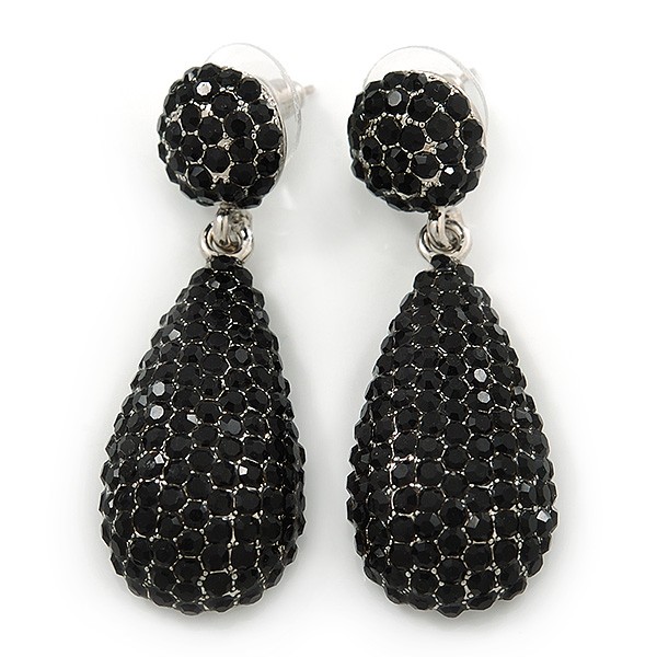 Pave Jet Black Austrian Crystal Teardrop Earrings In Rhodium Plating - 48mm