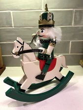 Nutcracker King On Rocking Horse Christmas Green & White 12”X 10” Wood Holiday