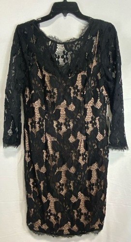 Adrianna Papell Damen schwarz Blumen Spitze Langarm Cocktailkleid Gr. 12 Neu mit Etikett