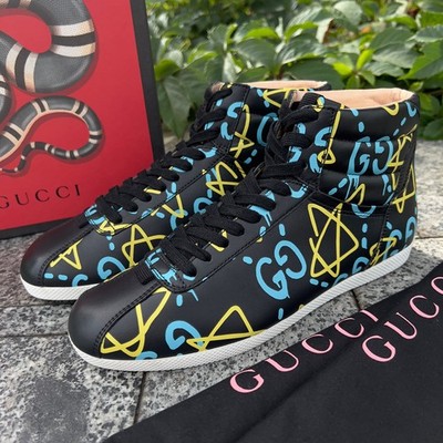 GUCCI Ghost Stars Logo High Top Sneakers Black Leather 7.5 US or 37.5 EUR
