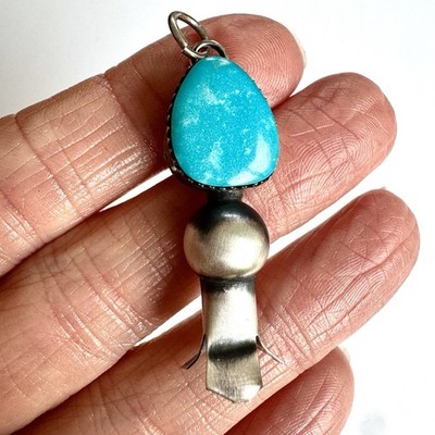 Navajo Squash Blossom Pendant Turquoise 1.75in Signed T3 Sterling Naja Antiqued