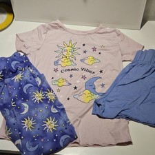 Cuddl Duds Girls Pajama Set Size 10 Blue Pink 3-Piece Set Celestial Soft Cozy