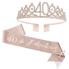 CIEHER 40th Birthday Crown  Sash  Pearl 2 Piece Set,  Tiara Set