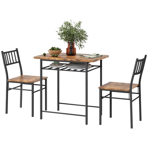 HOMCOM 3-Piece Small Dining Table Set with Built-in Storage Rack, Brown - Picture 4 of 11