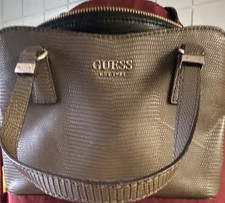 GUESS Taupe Satchel Top Handle Bag Gold Hardware Zip Magnetic Snap, Pockets