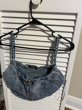 Akira Blue Denim Bustier Corset Top Front Zip Straps Size S B Cup