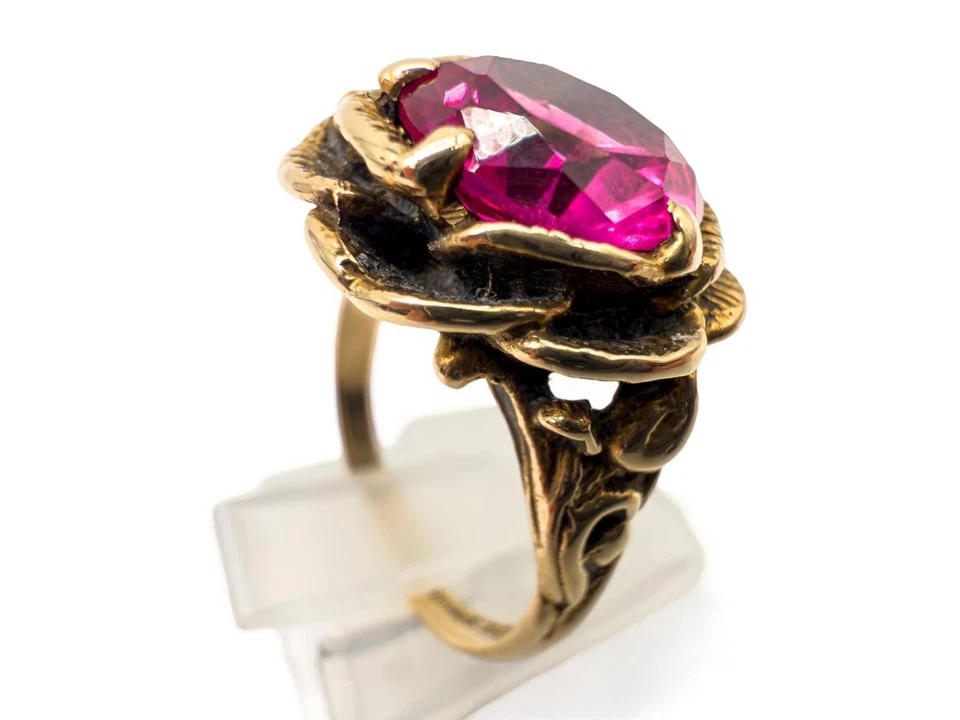 Vintage 10K Gold Ring with Large 6.5 Ct Ruby Floral Setting Signed Spring - image 2 of 4