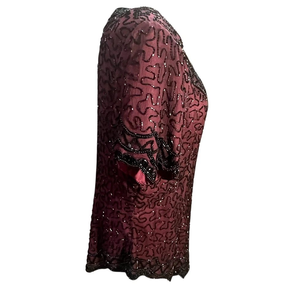 Vintage Women's XL Black Beaded Silk Top Red Top Short Sleeve Cocktail Elegant - Image 2 of 4