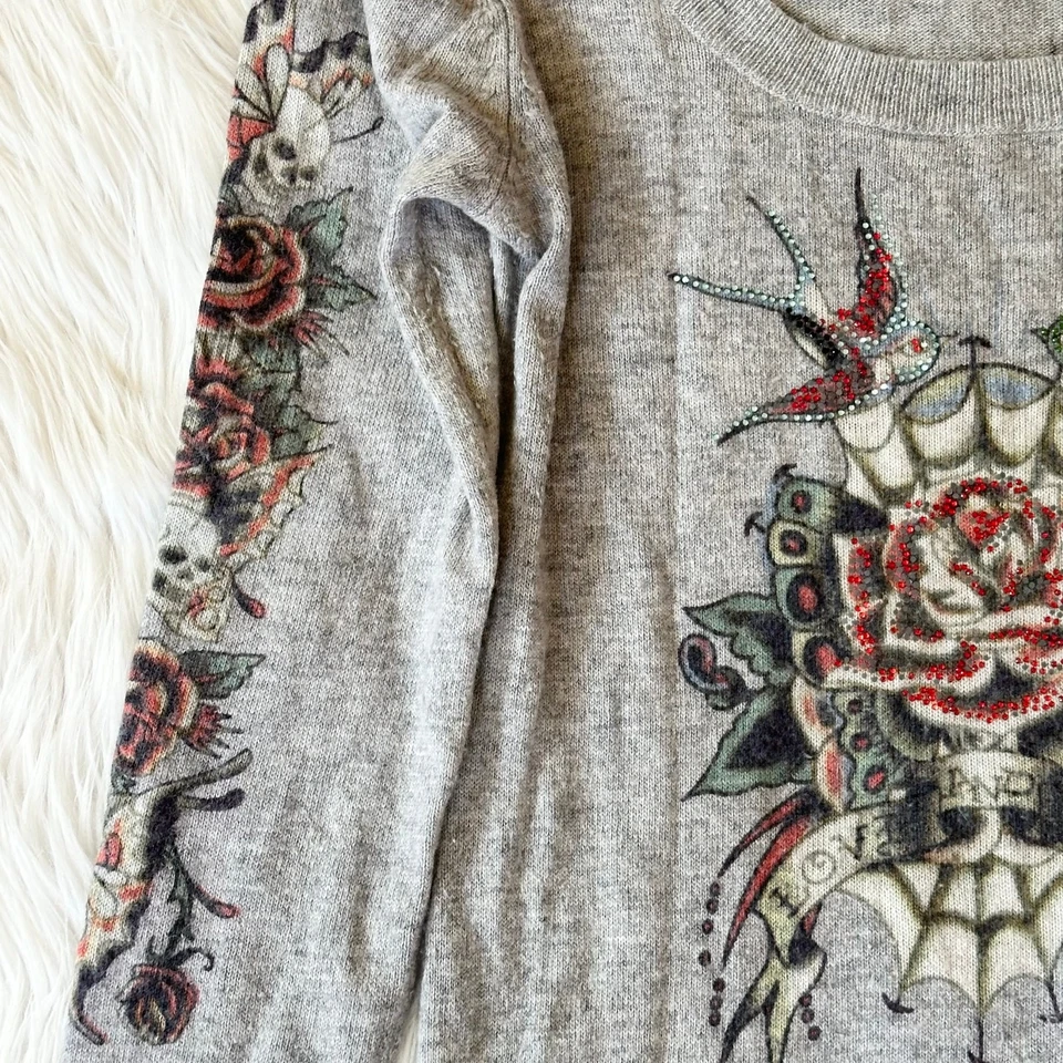 Suéter Ed Hardy Vintage Y2K por Christian Audigier Flor Calavera Tatuaje, Talla L Foto 4 de 4