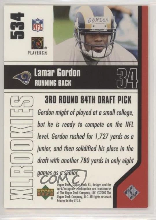 2002 Upper Deck XL XL Rookies Lamar Gordon #534 Rookie RC - Image 2 of 2