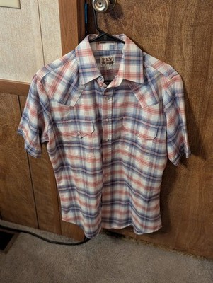 ELY CATTLEMAN Men's Medium Textured Rust/Blue Plaid Western Pearl Snapped Shirt 