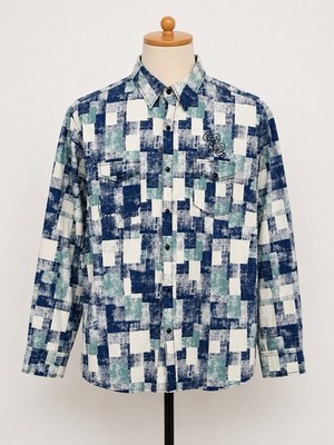 Rock Roll-n-Soul Men's 2XL Geometric Button-Up Shirt Blue White Green Pockets