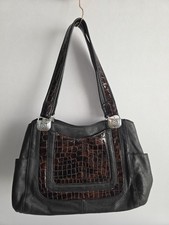 Leather shoulder bag, Y2K Brighton, black with brown croc-embossed panel