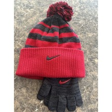 NIKE winter Gray Red 2 PC Beanie Hat Stretch Gloves Logo Youth OS