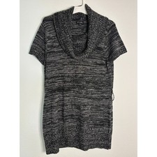 Notations Womens Cowl Neck Short Sleeve Marled Knit Sweater Tunic Dress Black L