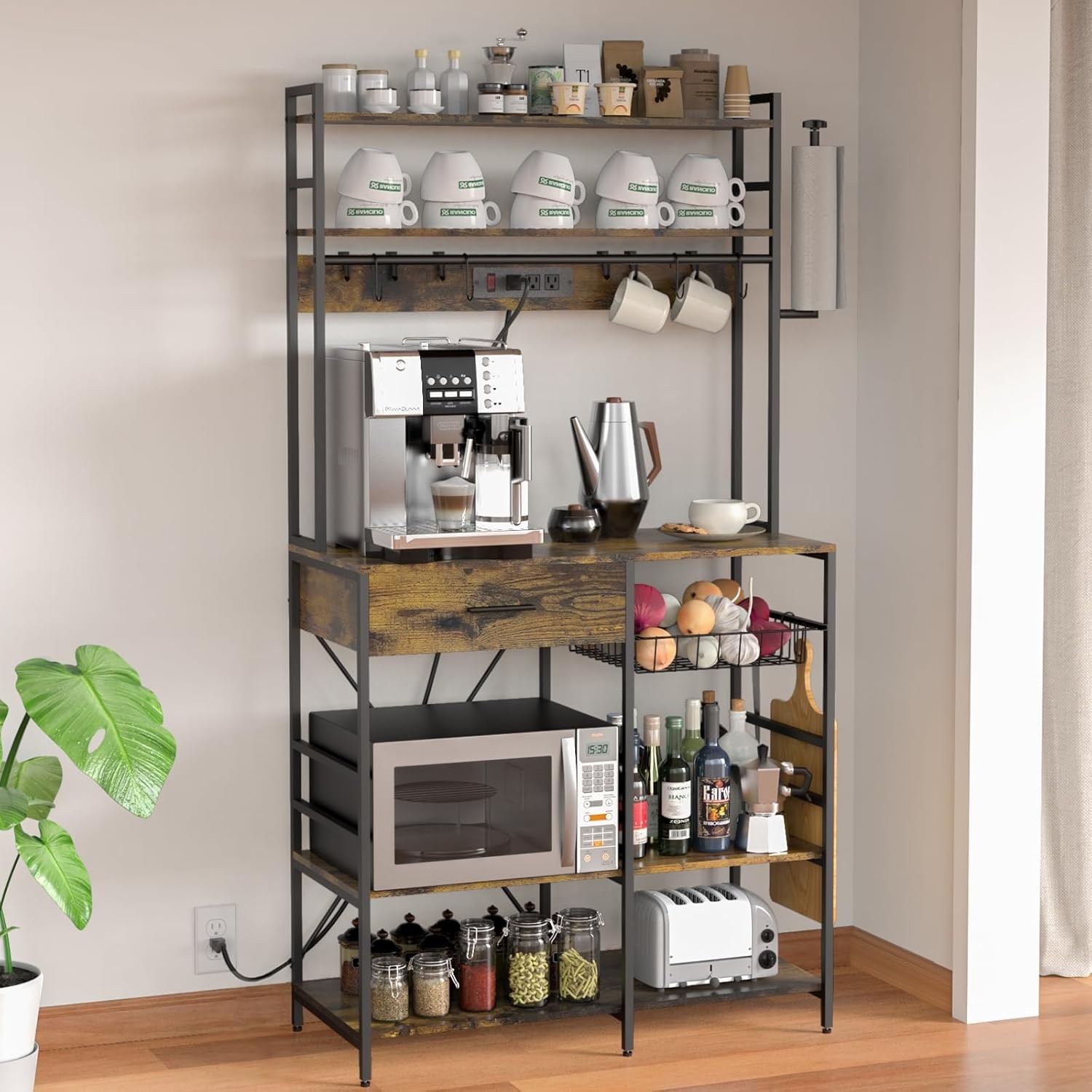 Kitchen Storage Shelf with Power Outlet, 6-Tier Adjustable with Drawer & Baskets-image