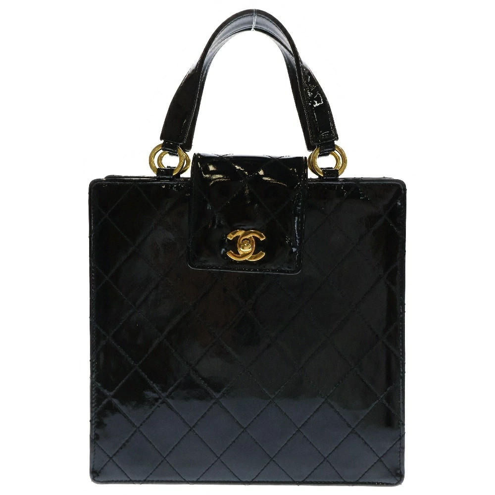 Chanel Matelasse Turnlock Handbag Mini Tote Bag Black Patent Gold Hardware Used