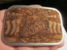RELIGIOUS FAITH THEME BELT BUCKLE CARVED IN WOOD - METAL BASE - GW-6